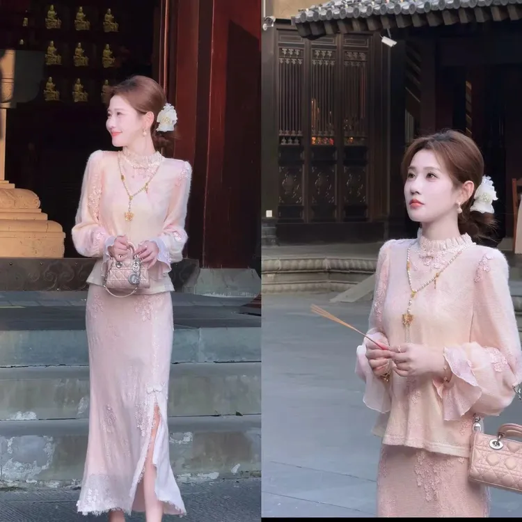 【婷婷】《温柔似水》 绵羊毛钩花 刺绣粉色针织套装TT2SQTY2132