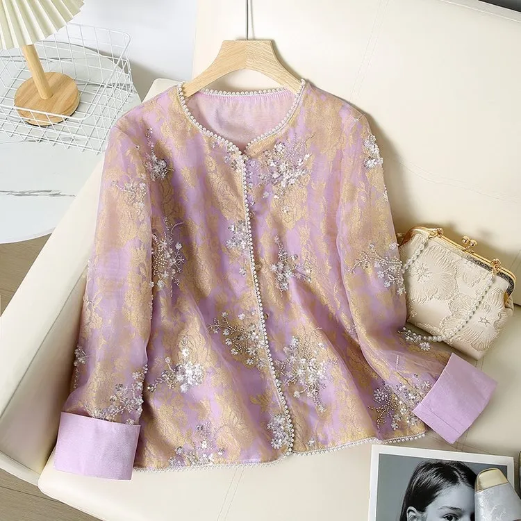 新中式国风亮片珍珠刺绣短外套女春夏新款高级感气质名媛纱质上衣