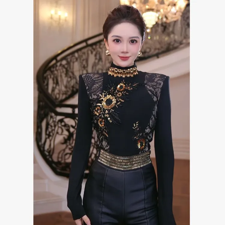 【芙娜妮】半高领打底衫蕾丝黑色拼接针织衫女装2025上衣F2531084A