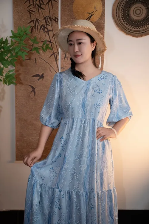 夏季女士法式碎花绵绸长款连衣裙显瘦气质显瘦裙子优雅宽松提花
