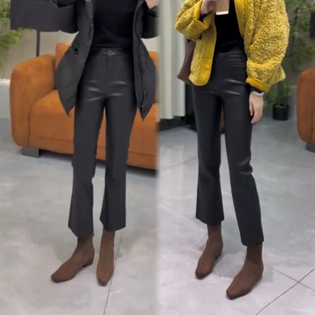 欧货高腰加绒微喇叭裤九分皮裤女时尚百搭显瘦蛋白皮裤时尚仿皮裤