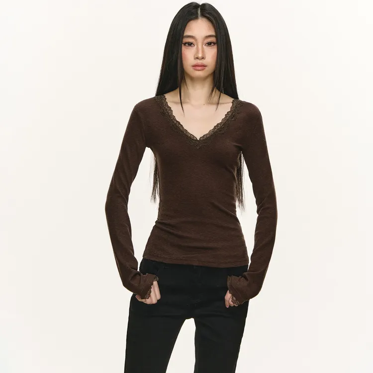 anna aneaeV领蕾丝内搭打底衫女秋冬咖色修身显瘦上衣休闲长袖t恤