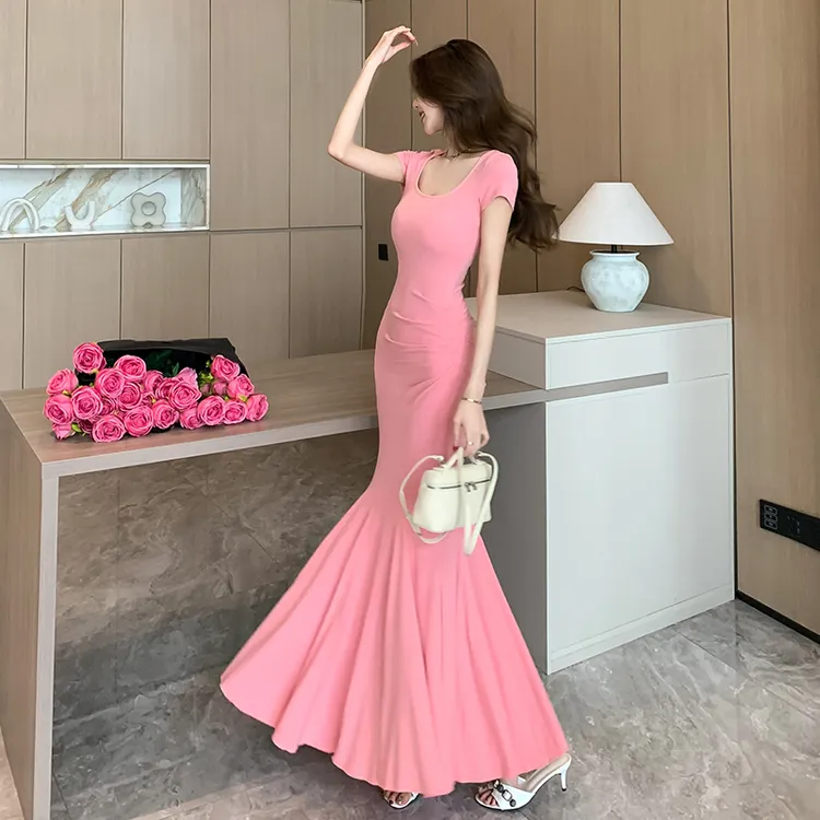 法式气质赫本风小众短袖收腰显瘦设计感新款弹力鱼尾步步生莲长裙