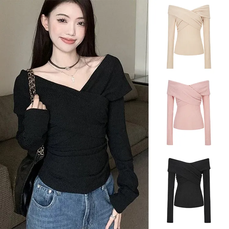Moses Queen/魔西女王早秋新款粉色露肩针织衫显瘦内搭一字肩长袖