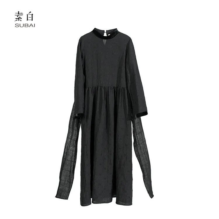 素白马乖【自我】Q01880新中式亚麻提花个性连衣裙