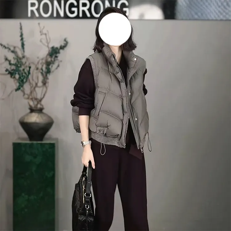 高端欧货2025秋冬新款立领抽绳毛呢拼接高级感羽绒棉服女马甲外套