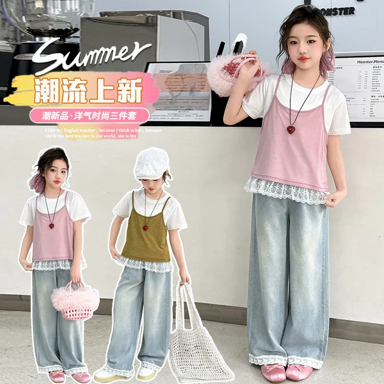 女童套装夏季2025新款中大童短袖t恤吊带牛仔裤三件套小学生休闲