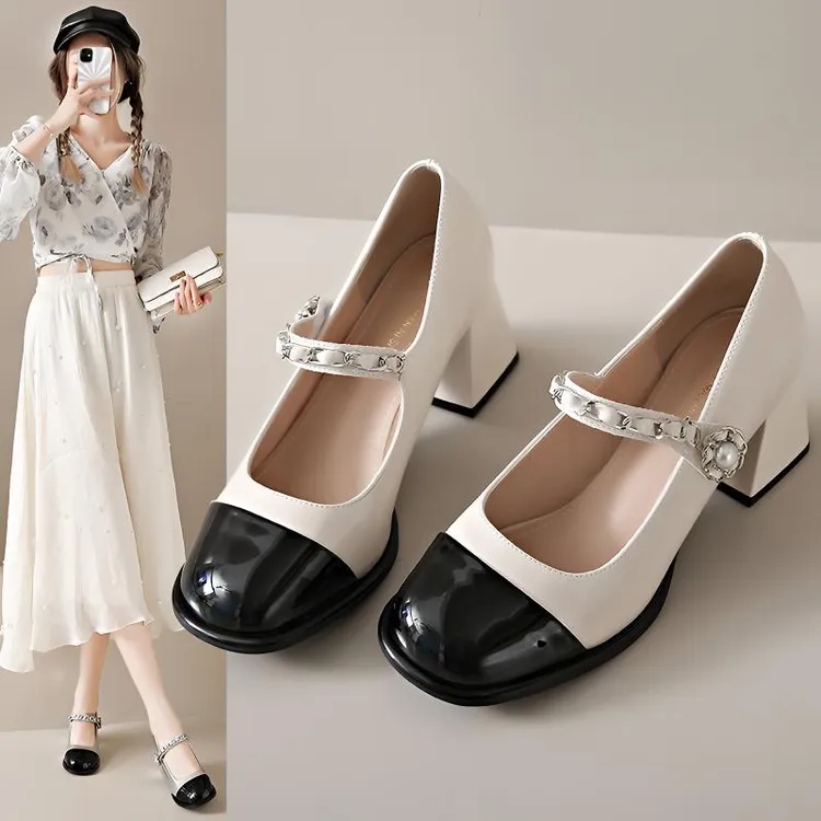 高跟鞋女2025新款春秋小皮鞋单鞋法式粗跟芭蕾配裙子小香风
