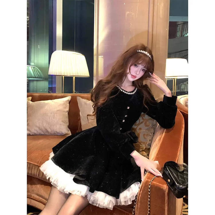 【含腰带】复古法式千金风多层纱摆连衣裙QY0149