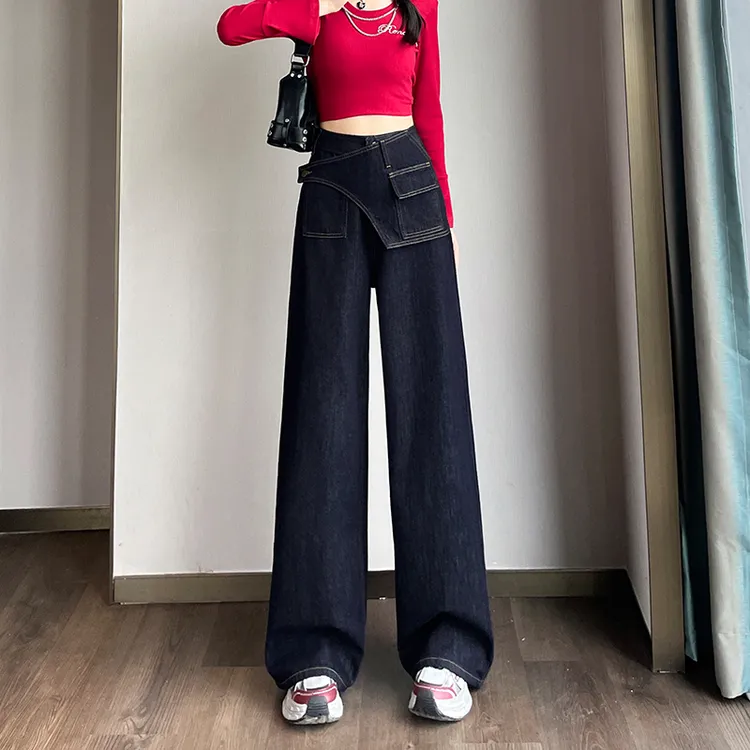 蜜蜜穿搭黑金蓝阔腿牛仔裤女2025秋季假两件拼接慵懒风垂感大喇叭