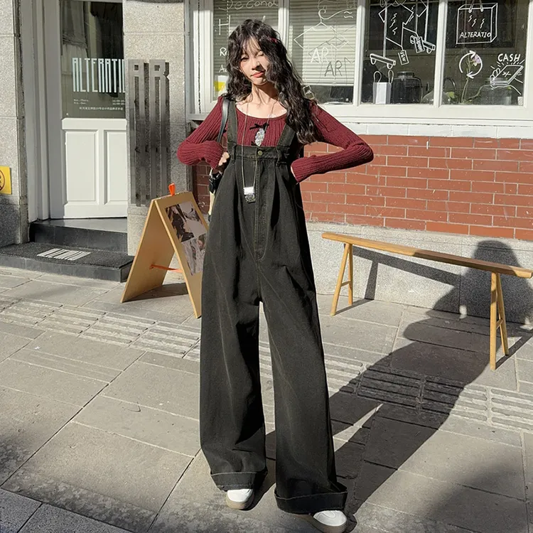 韩版复古牛仔背带裤女2025新款春秋季休闲宽松网红爆款阔腿连体裤