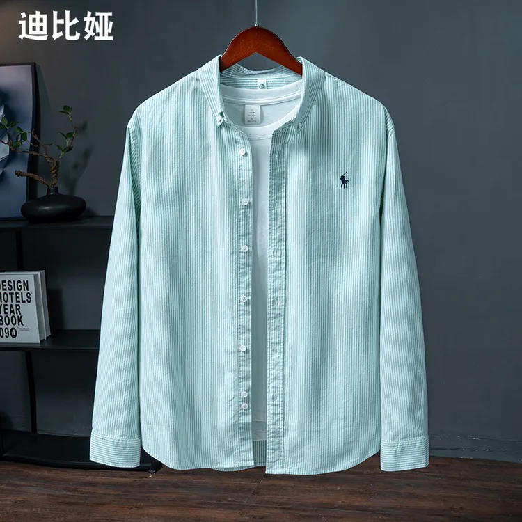 迪比娅经典竖条纹纯棉小马标刺绣长袖衬衫纯棉男2025秋季扣领Y