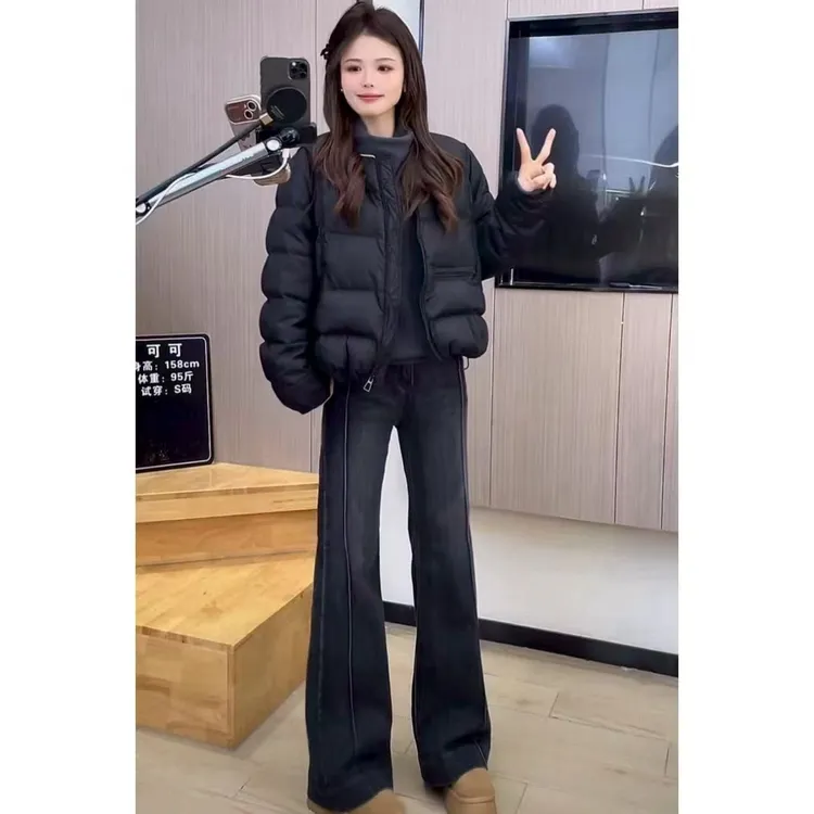 欧美风复古做旧中高腰设计感微喇裤牛仔裤2025女秋冬百搭宽松加绒