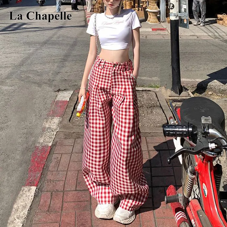 拉夏贝尔红白格子撞色高腰休闲裤女款显瘦夏季薄款美式垂感裤子潮