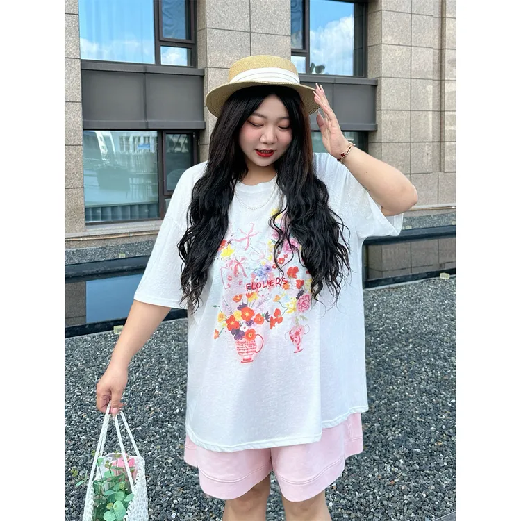 断码捡漏H芍药玫瑰 / 彩色花朵涂鸦印花短袖T恤4302花契大码200斤