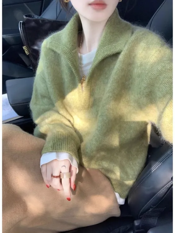 绿色翻领套头软糯毛衣女秋冬季加厚保暖宽松慵懒风内搭针织衫上衣