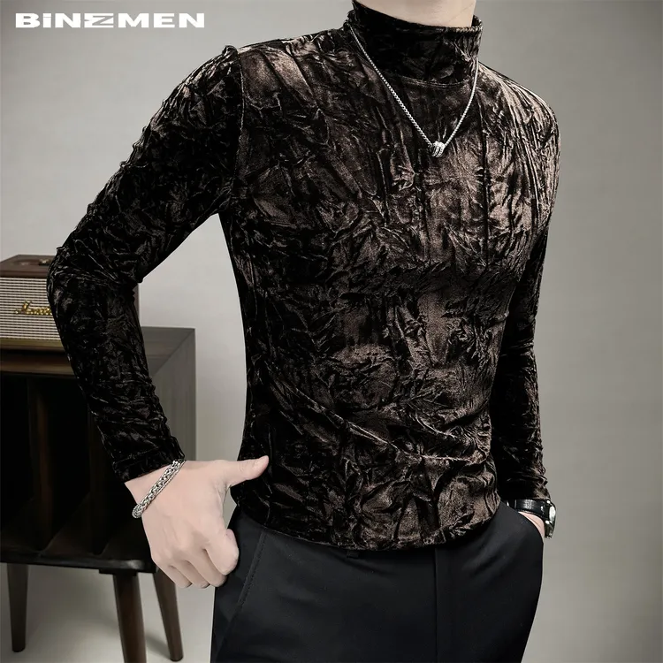 褶皱金丝绒半高领内搭打底衫男款修身高级感痞帅休闲男士上衣长袖