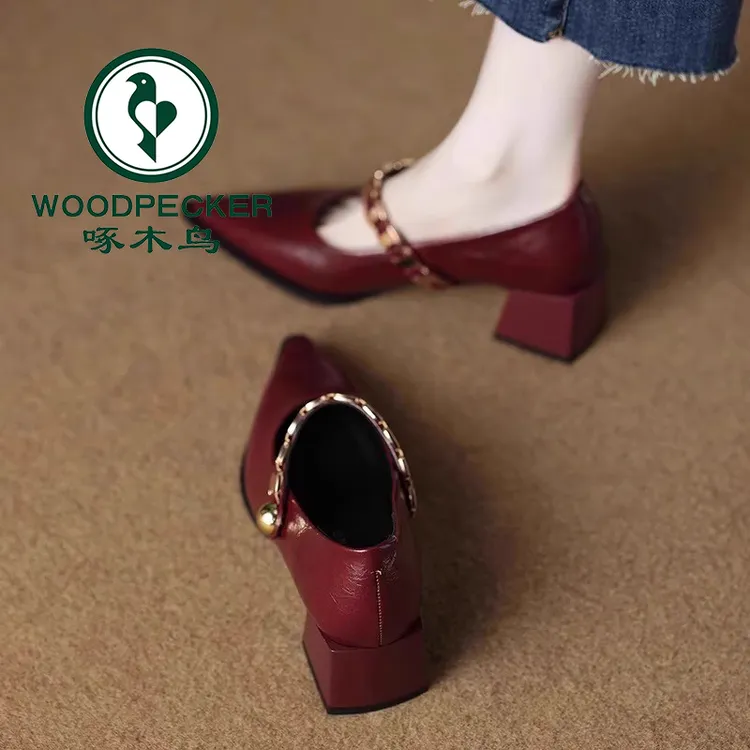 啄木鸟爆款法式红色玛丽珍鞋女夏季2025新款爆款浅口尖头粗高跟鞋