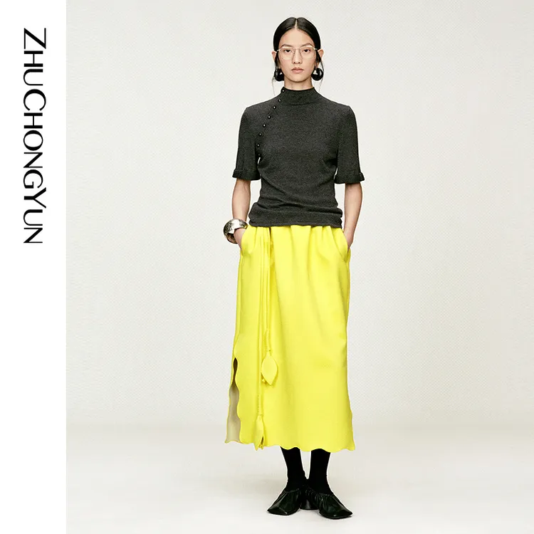 ZHUCHONGYUN2026春新款修身小立领斜门襟短袖毛针织衫C1GB1717M