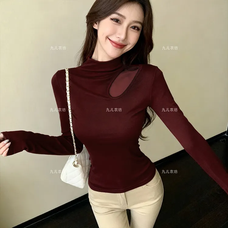 2025新款秋冬磨毛加绒网纱半高领长袖修身时尚打底衫T恤女1108