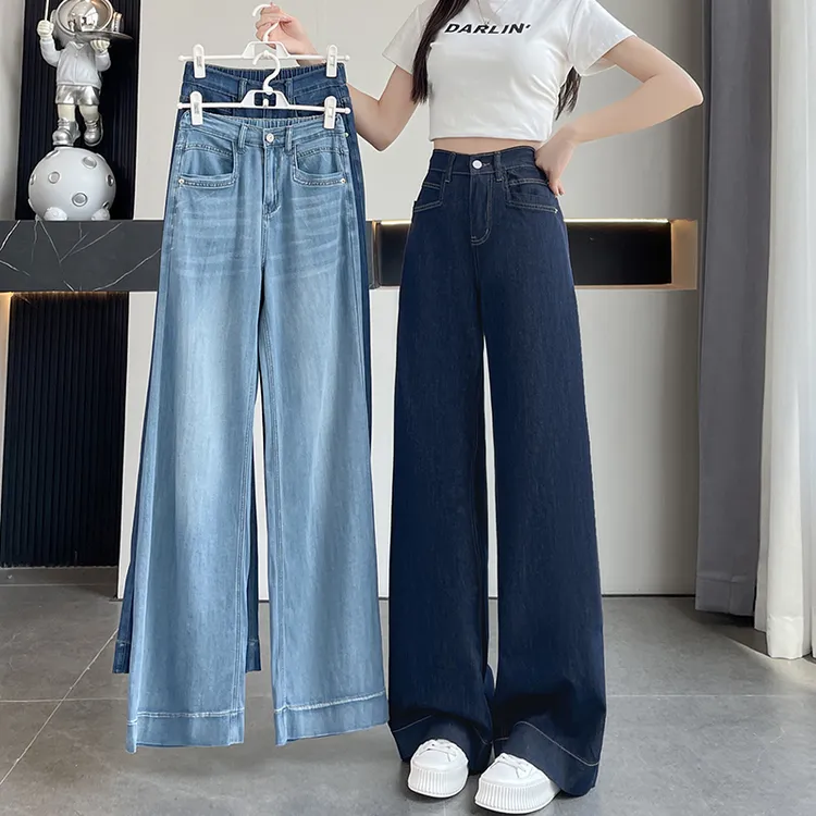 夏季薄款加长丹宁蓝阔腿牛仔裤女高个子宽松大码高腰直筒拖地裤子