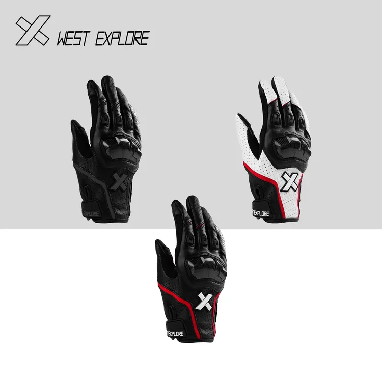 西部探索云刺摩托车手套真皮碳纤维四季骑行手套防滑耐磨机车手套