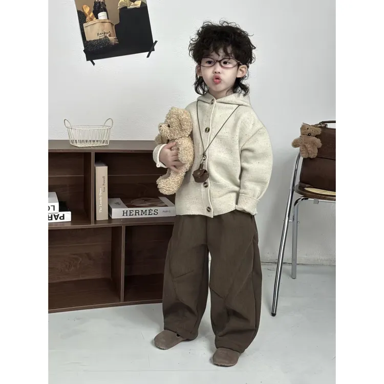 男童毛衣加绒裤子秋冬套装2025新款老钱风穿搭开衫针织连帽外套TT