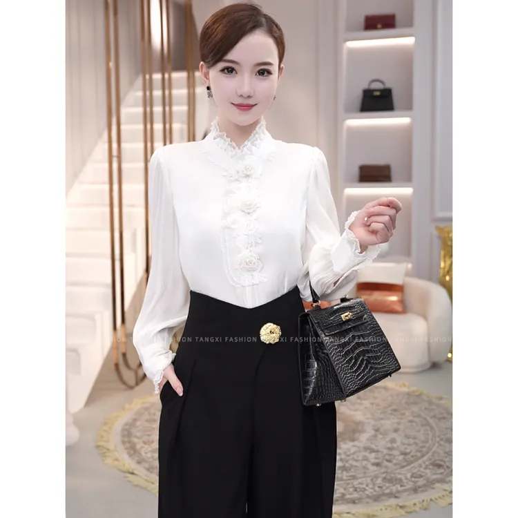 2026春季新款【6995】宽松气质减龄高级感缎面珍珠白长袖衬衫上衣女