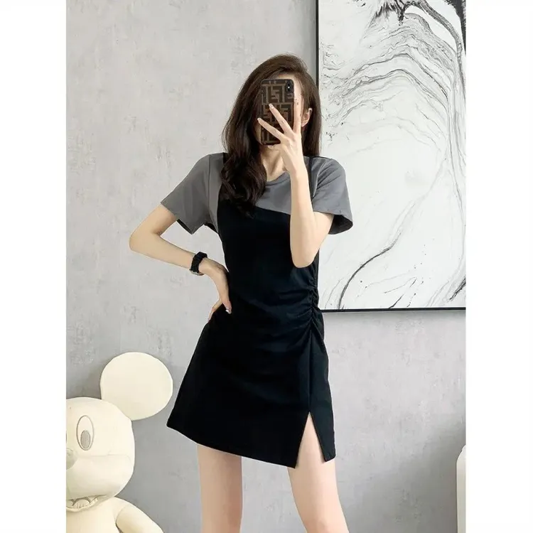 设计感拼接假两件短袖T恤连衣裙女夏季高级感收腰褶皱开叉包臀裙