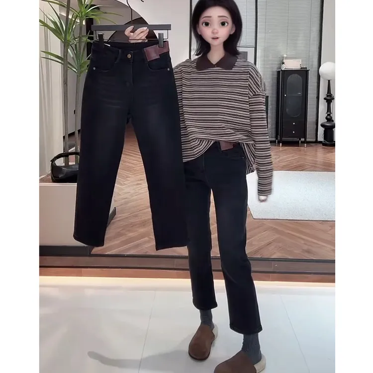 牛仔裤女2025秋季新款爆款裤子显瘦高腰九分裤时尚黑色弹力烟管裤