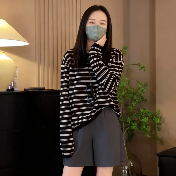 韩系穿搭条纹宽松显瘦上衣2025春秋新款慵懒风圆领长袖时尚卫衣潮