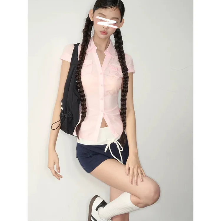 MosesQueen/魔西女王掐腰修身显瘦短袖T恤口袋收腰气质衬衫上衣