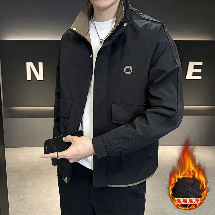 休闲加绒男外套时尚拼色工装夹克宽松潮流百搭加棉保暖男装上衣