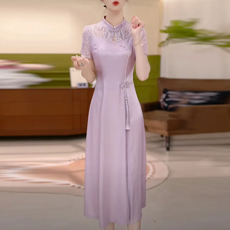 双丝皱中国风盘扣设计2025夏季新款短袖时尚精致复古优雅连衣裙子