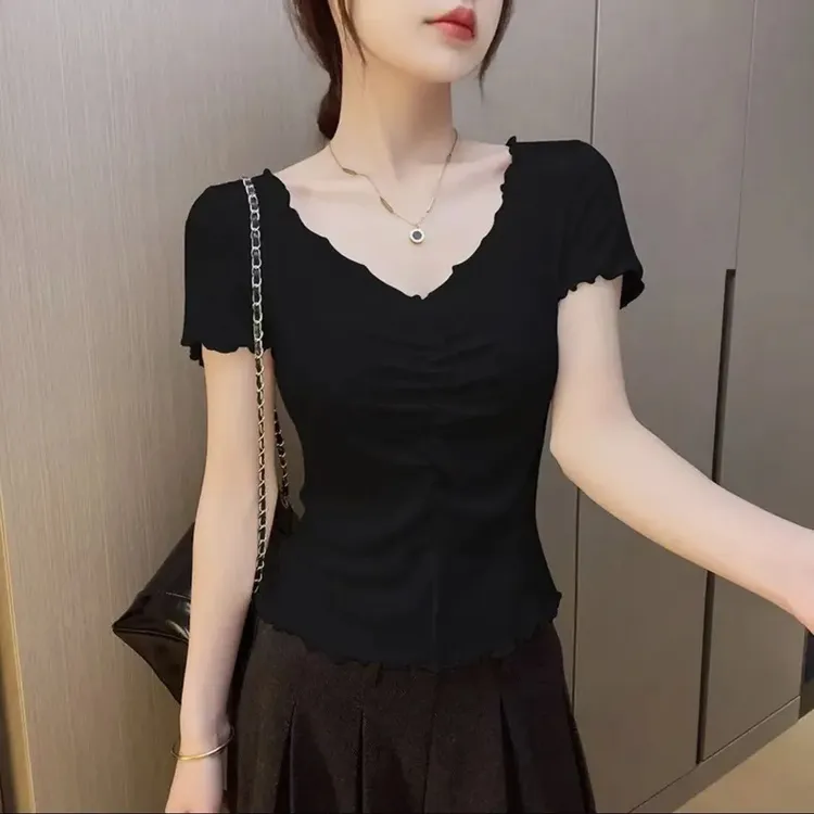 夏季短袖T恤女2025新款V领褶皱螺纹打底小众设计感体恤半袖上衣