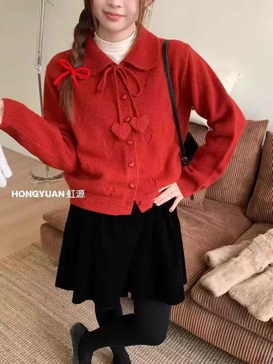 翻领J加厚金线爱心珍珠扣密织爱心开扣毛衣