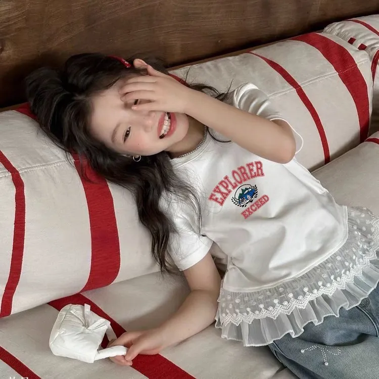 100%纯棉童装夏季新款儿童蕾丝花边T恤女童韩版夏装上衣