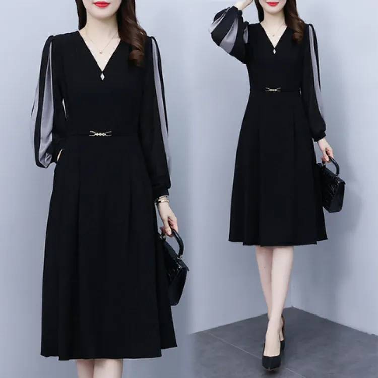 温婉大方女装2025秋装新品高端气质v领拼色黑色长袖连衣裙显瘦