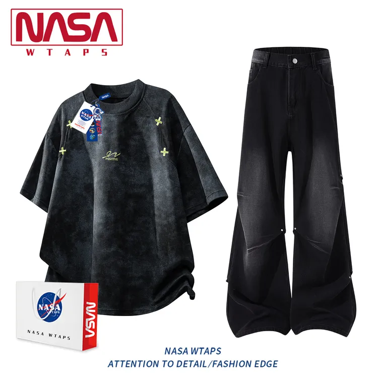 NASA WTAPS潮牌万针刺绣扎染短袖美式铆钉结构感牛仔裤休闲两件套
