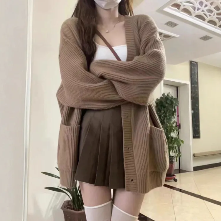 甜美慵懒风V领加厚保暖毛衣开衫外套女秋冬宽松针织韩系学院卫衣