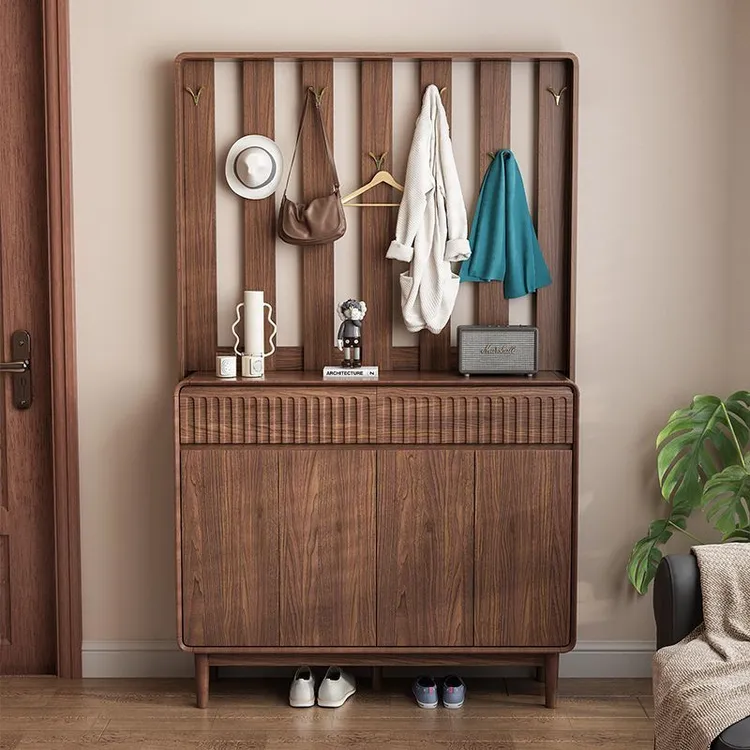 新中式全实木鞋柜家用门口胡桃色鞋柜带挂衣架一体进门靠墙大容量