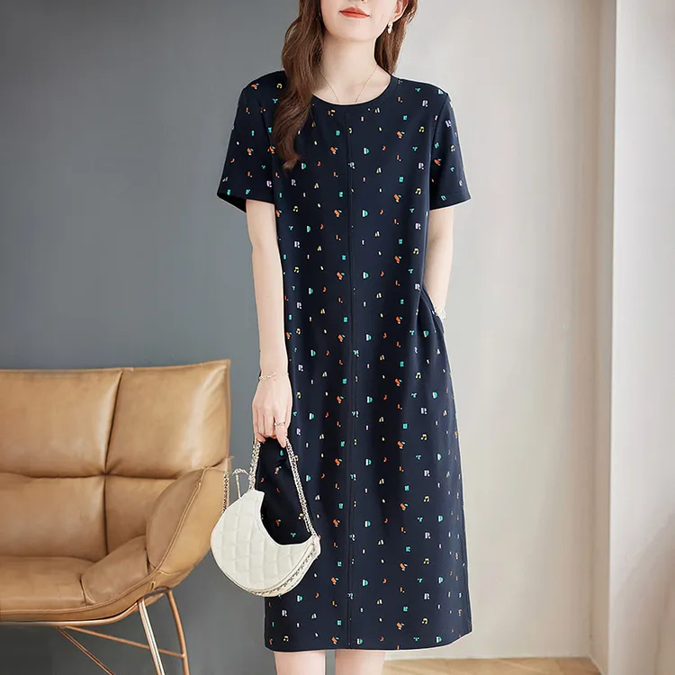 芳妮诗直筒连衣裙女2026新款夏季中长款休闲宽松裙子胖mm大码女装