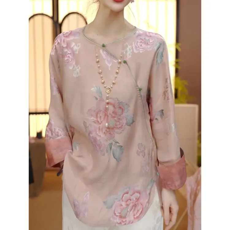 新中式设计感时尚花朵印花衬衣女2025秋季新款轻奢遮肚子减龄衬衫