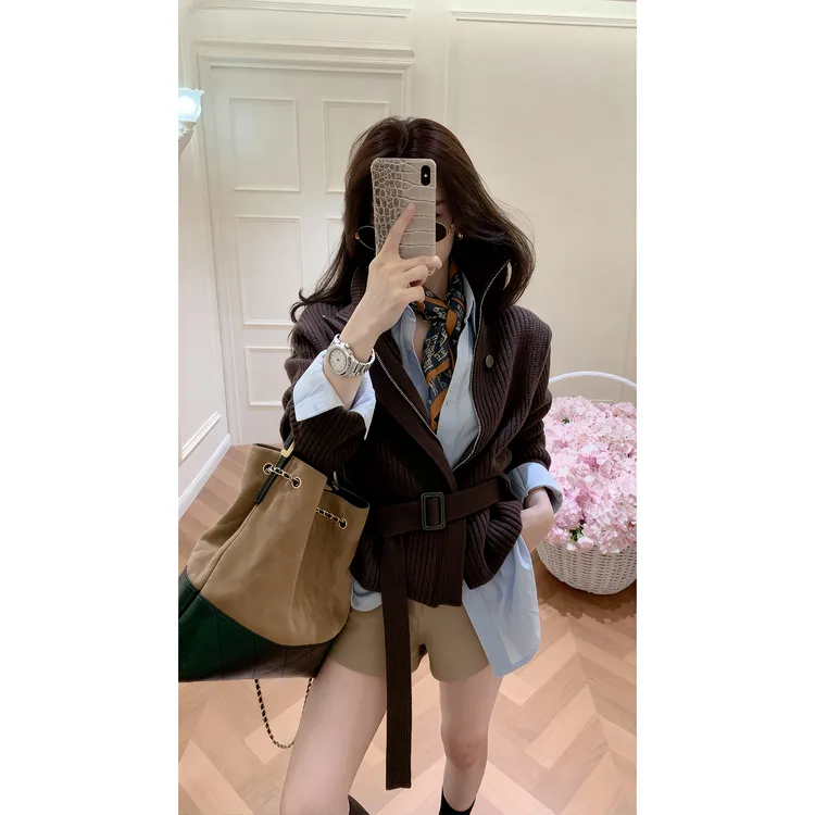 2025秋冬新款韩系绑带立领设计针织毛衣长袖衬衫高腰短裤三件套装