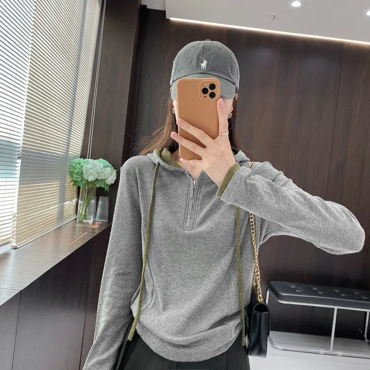 IMFLY金小金自制女装 连帽T恤DYW9811撞色半拉链连帽假两件上衣