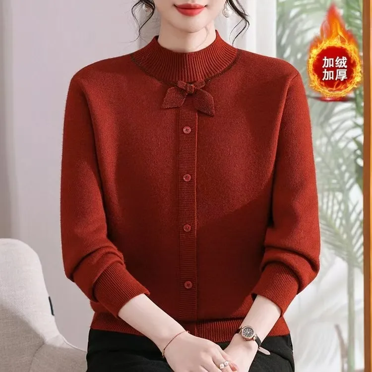 中老年女装中年妈妈加肥针织秋装毛衣百搭秋冬加绒加厚半高领毛衣