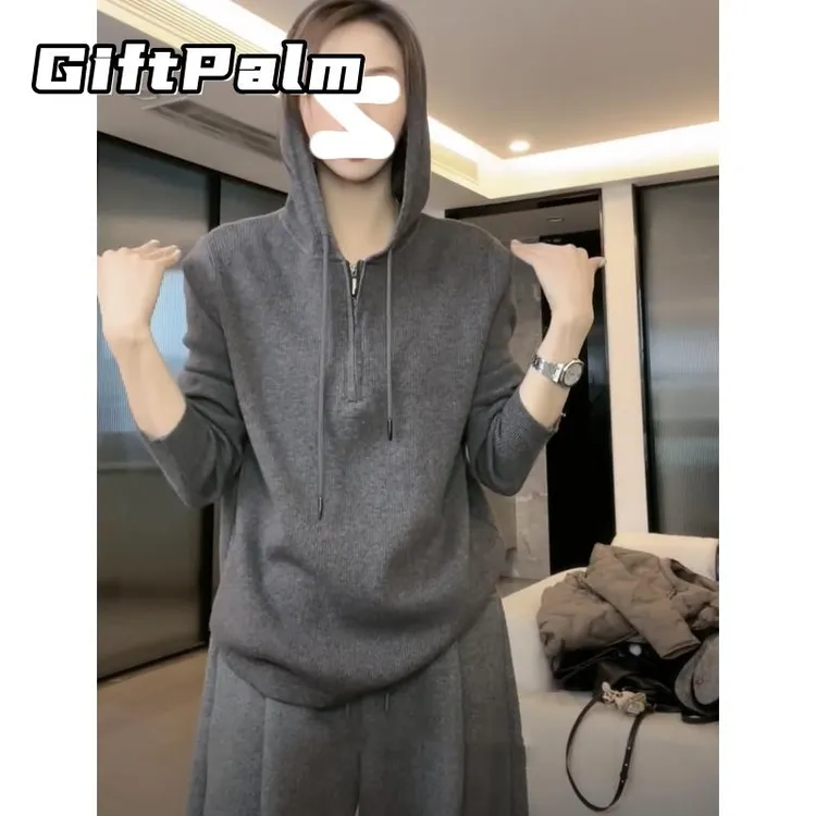 GiftPalm连帽休闲针织衫女秋冬大码胖MM法式慵懒轻薄修身好看独特