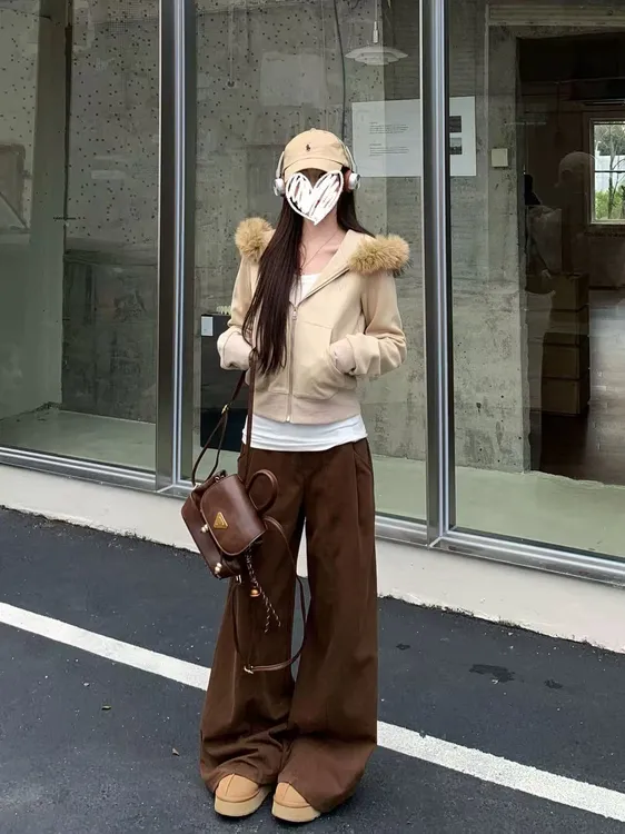 时尚套装连帽毛领短款薄款可拆卸女短外套复古休闲上衣秋季三件套