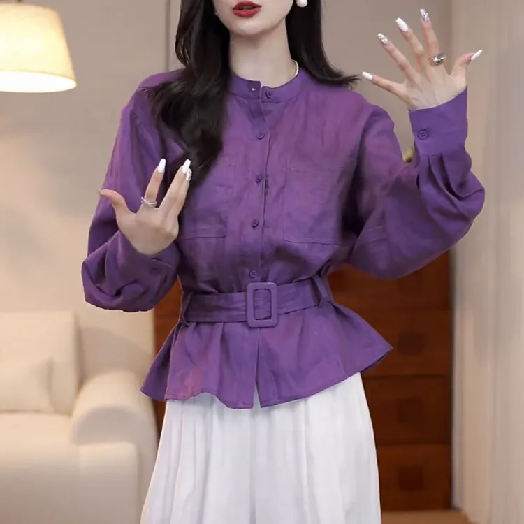 麻料收腰系带衬衫女2025春夏新款设计感小众圆领宽松显瘦长袖上衣