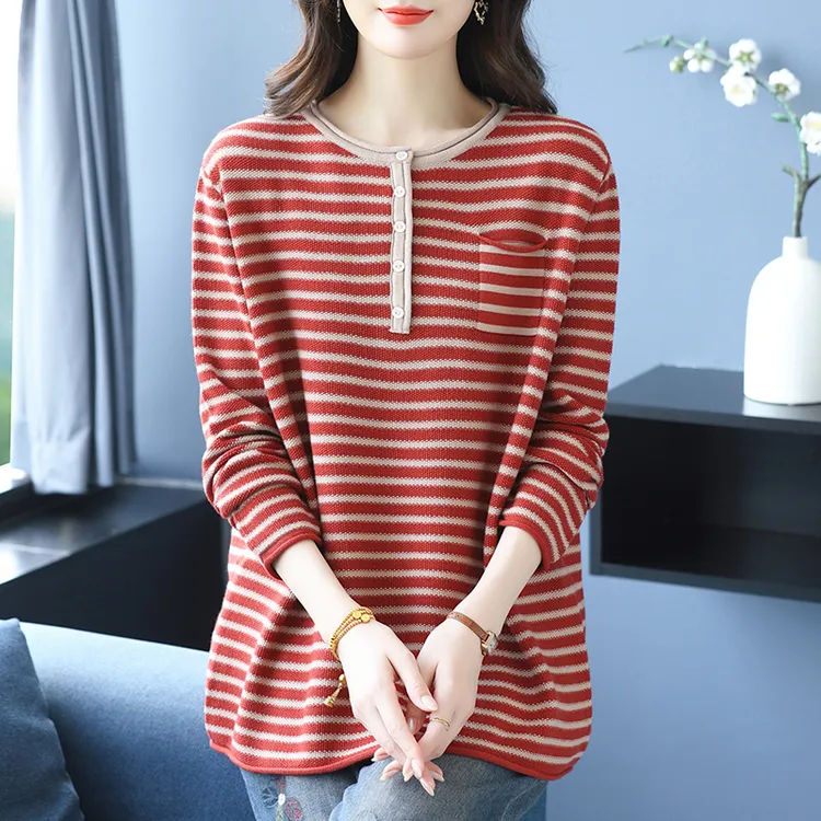 胖mm条纹羊毛衫女春秋新款外穿针织打底衫加肥大码遮肚子显瘦毛衣